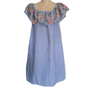 Emma & Michele Blue Striped Floral Off the shoulder Dress with Pockets Size Med